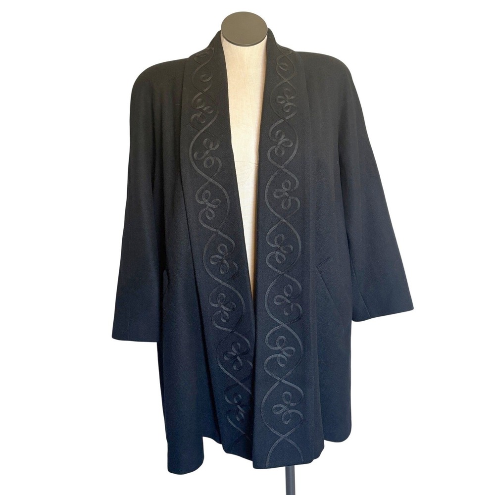 Vtg Jofeld Black Wool Embroidered Shawl Collar Open Front Coat Women's Medium